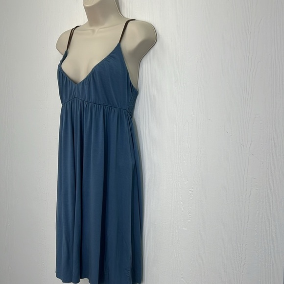 Free People - Blue V Neck With Brown Suede Spaghetti Straps Mini Dress Medium - Picture 5 of 11